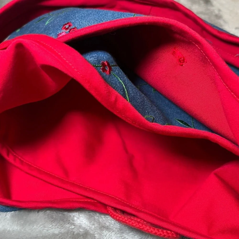 Embroidered Denim Shoulder Bag Floral Print Blue Red Button Hobo Bag Y2K Casual